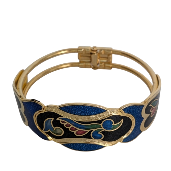 Vintage Cloisonne Enamel Clamper Bracelet Floral Bangle - Picture 1 of 5